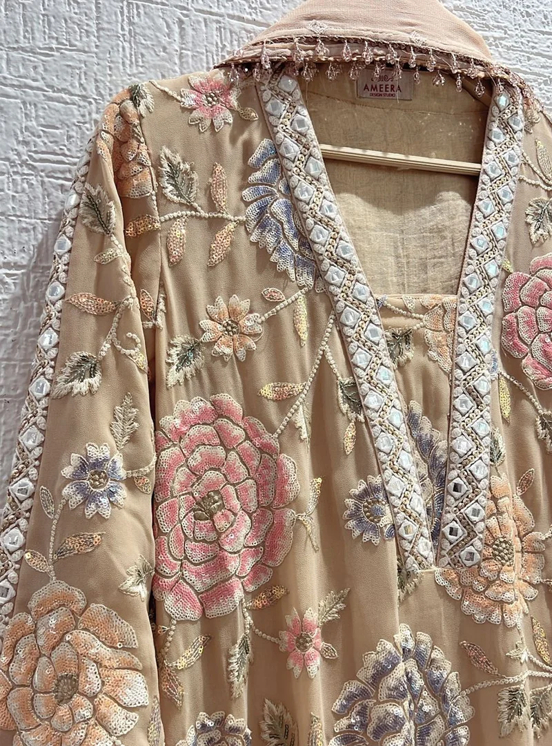 Nude Brown Floral Embroidered Suit