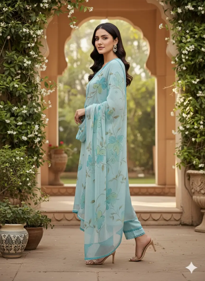 Aqua Blue Handpainted Suit