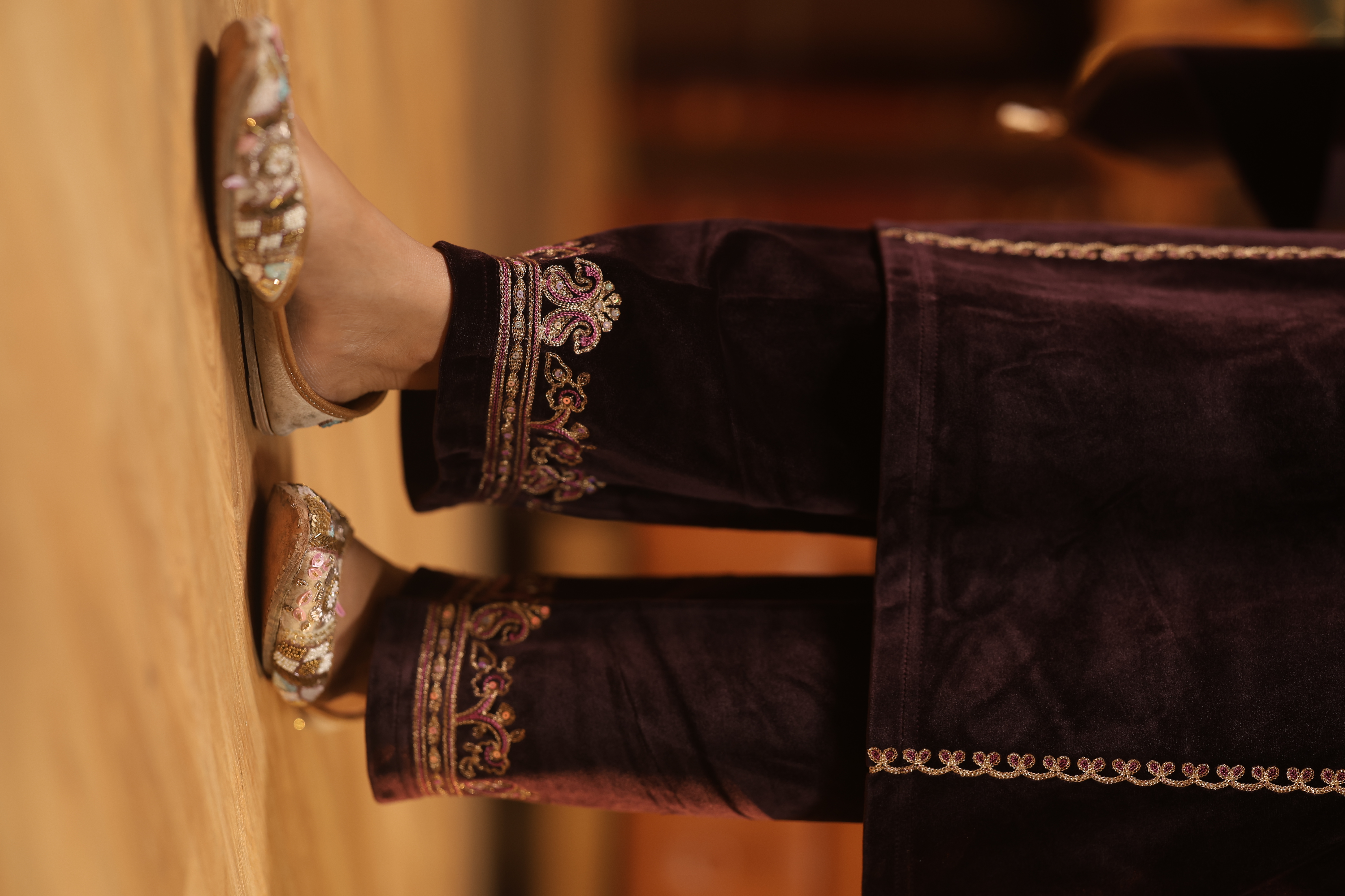 Royal Wine Embroidered Velvet 3-piece Suit