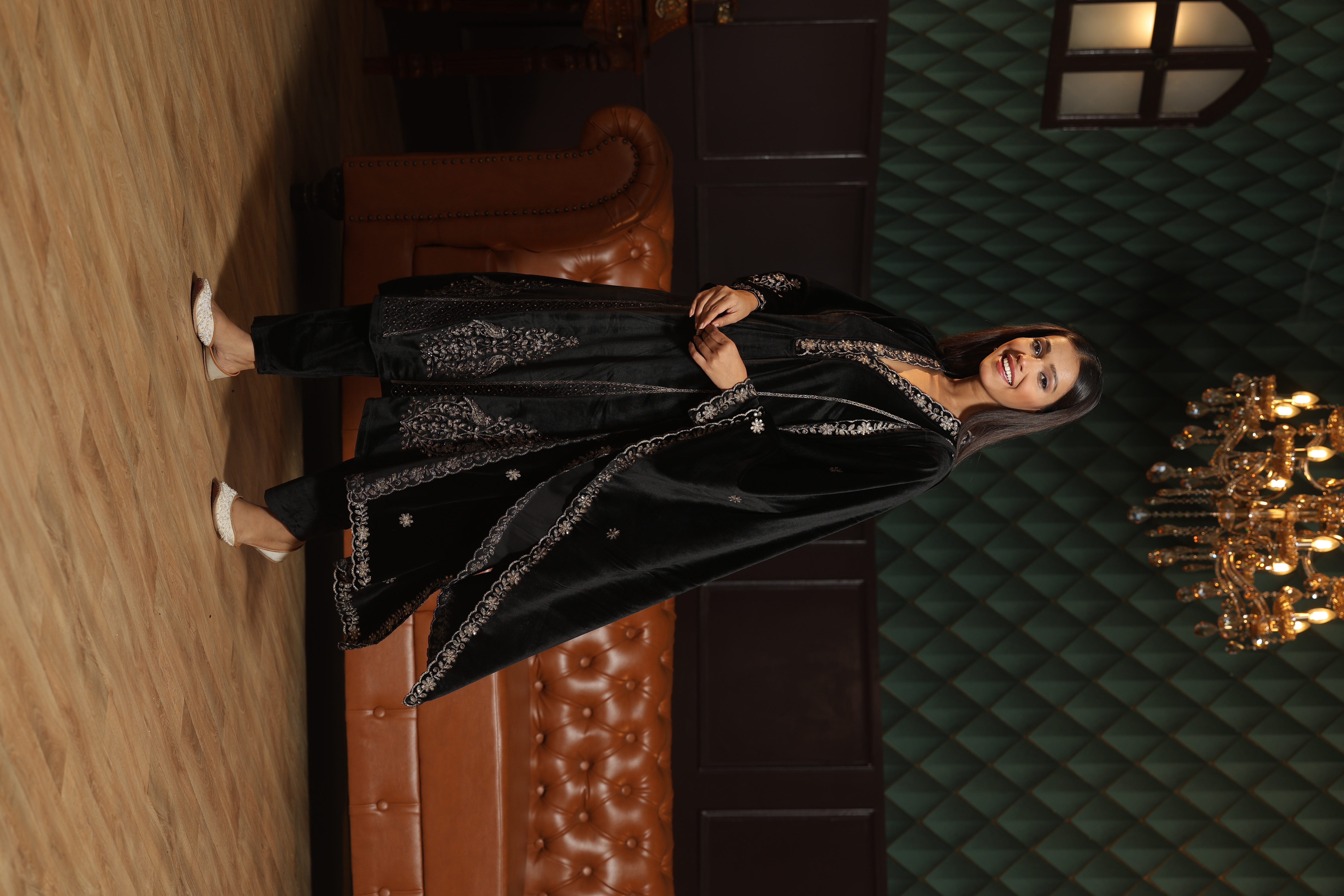 Black Embroidered Velvet 3-piece Suit
