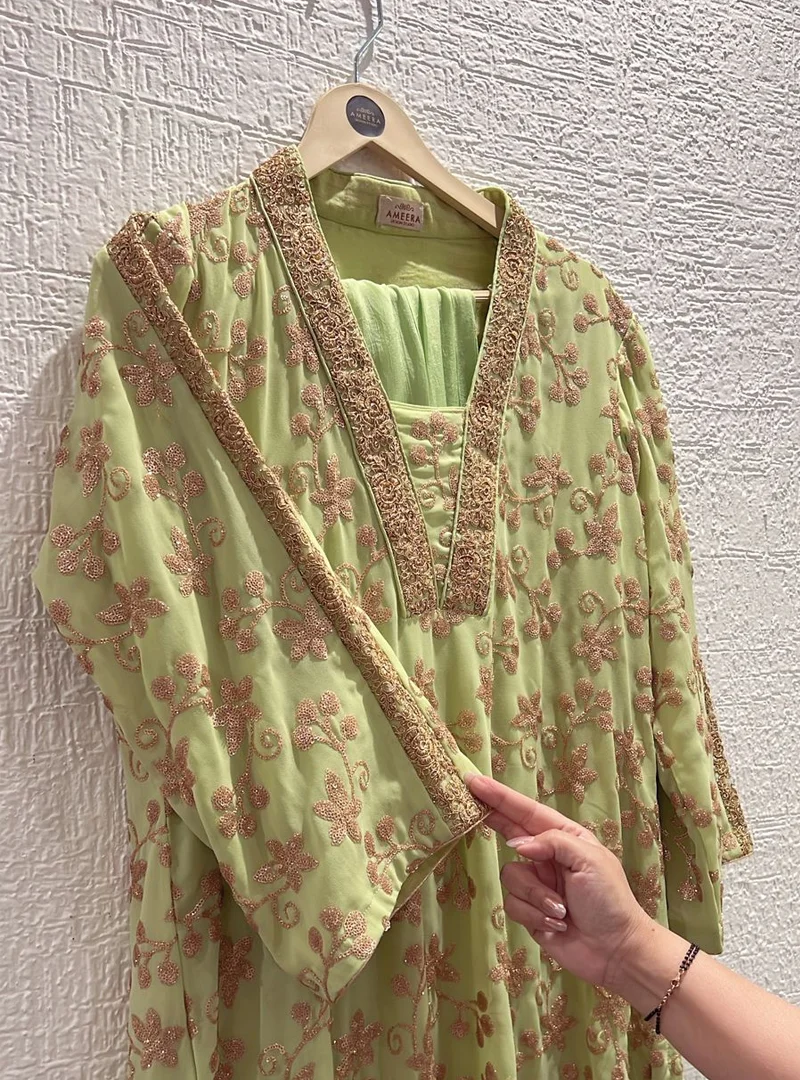Floral Lime Green Zari Embroidered Suit