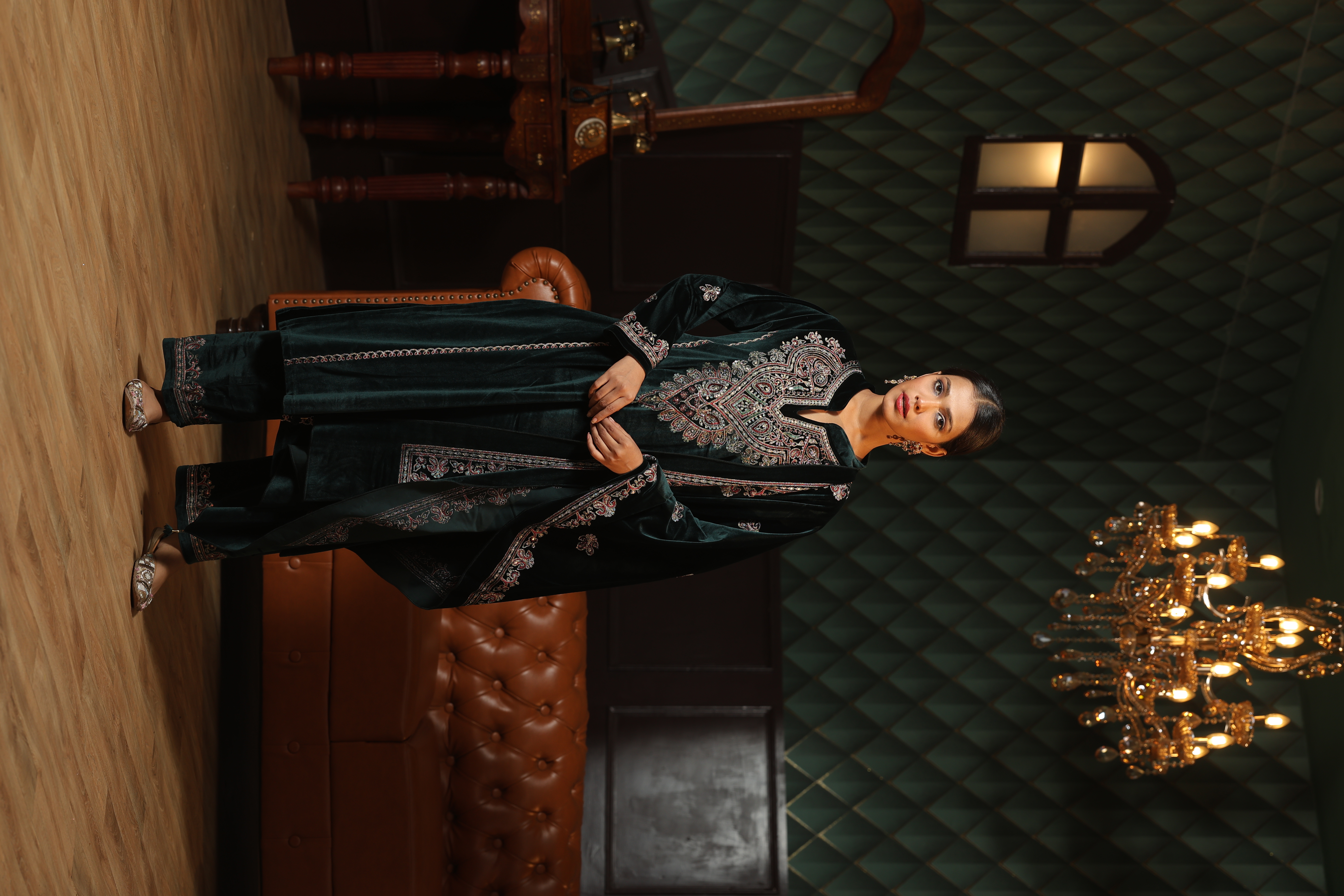 Royal Green Embroidered Velvet 3-piece Suit
