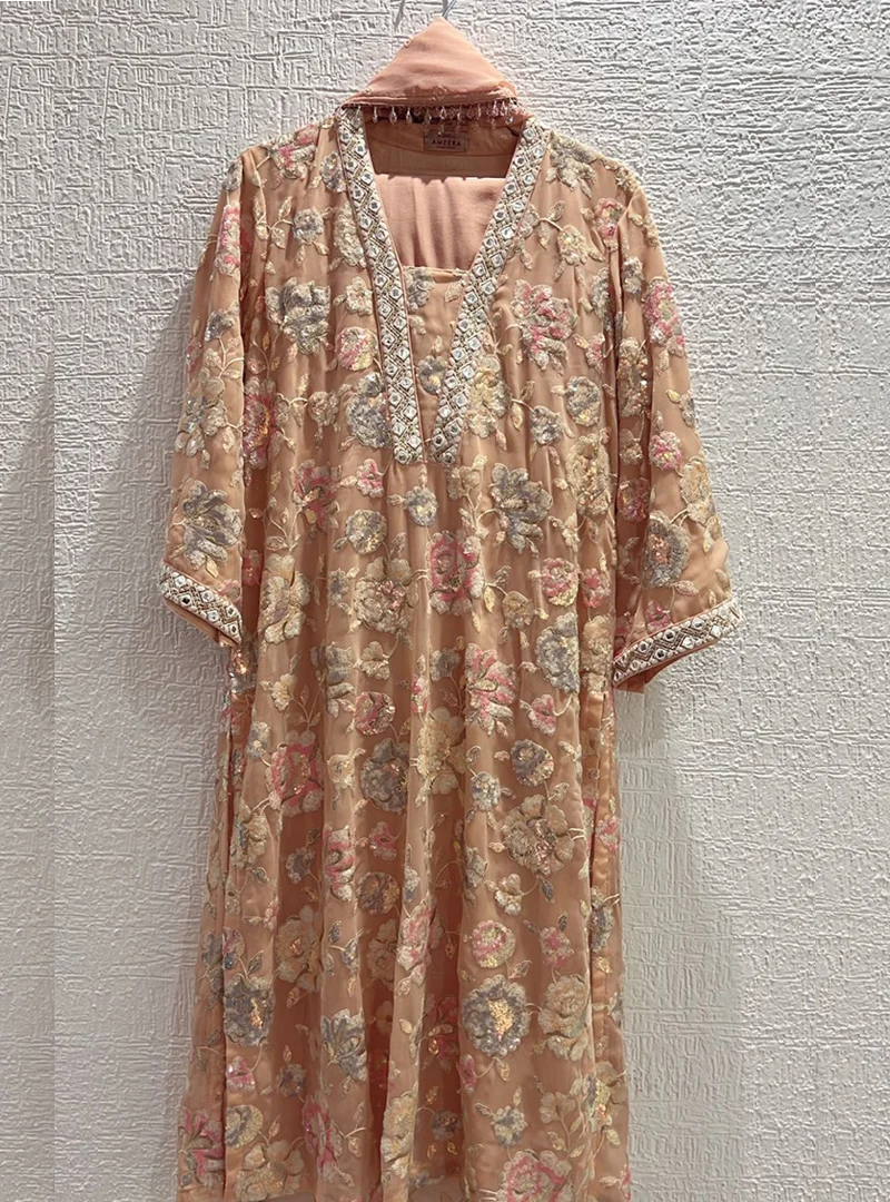Peach Floral Embroidered Suit