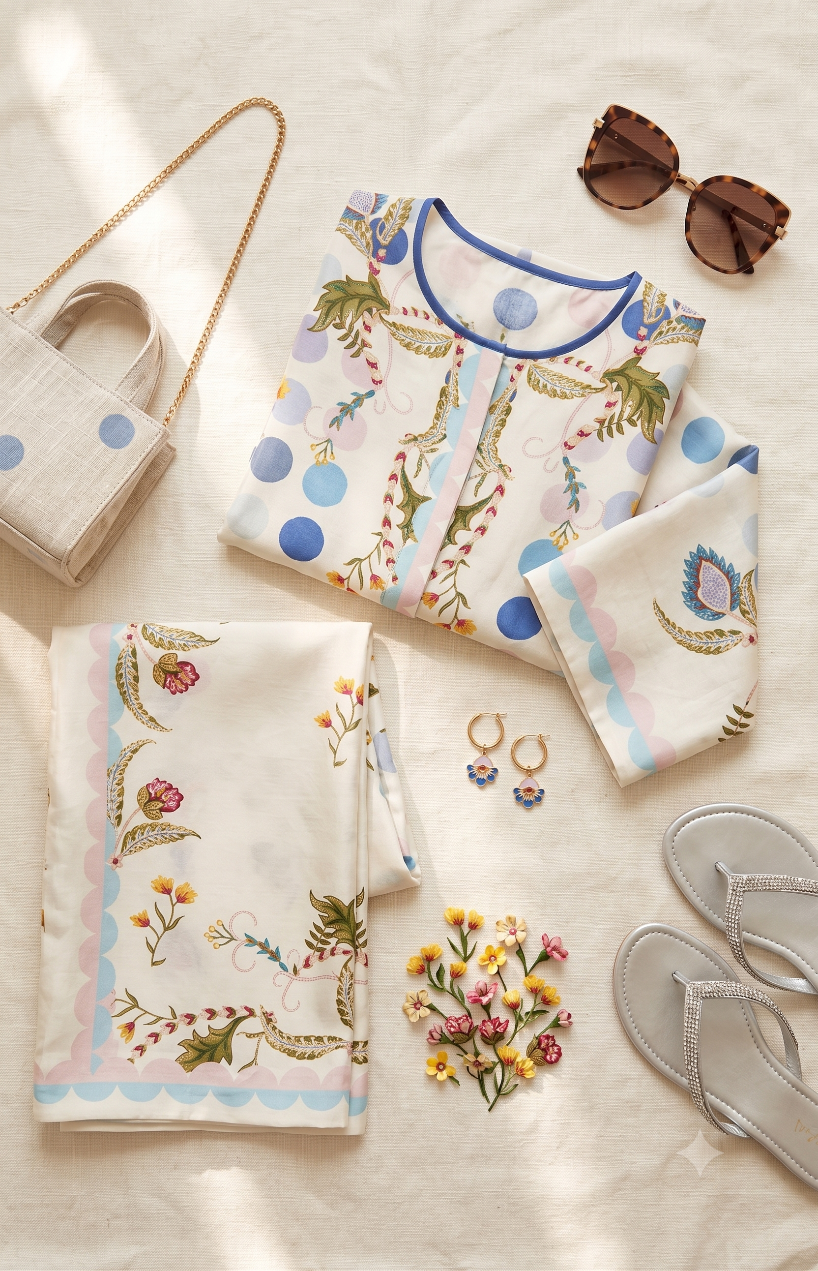 Polka Dot & Botanical Printed Cotton Blend Summer Co-Ord Set