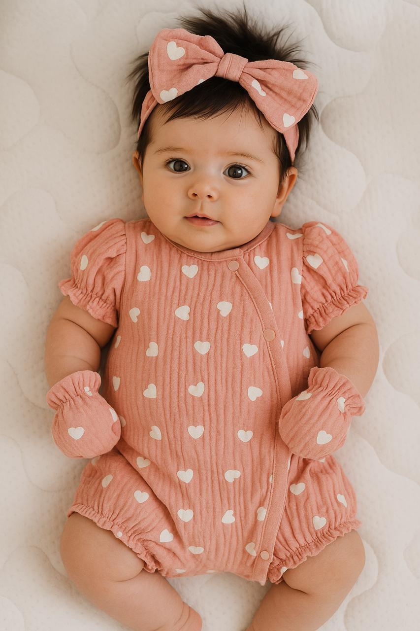 Pink Heart Patterned Baby Romper Set