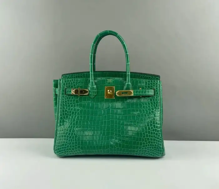 Hermes Birkin 30 Bamboo Green Shiny Porosus Crocodile Bag GHW