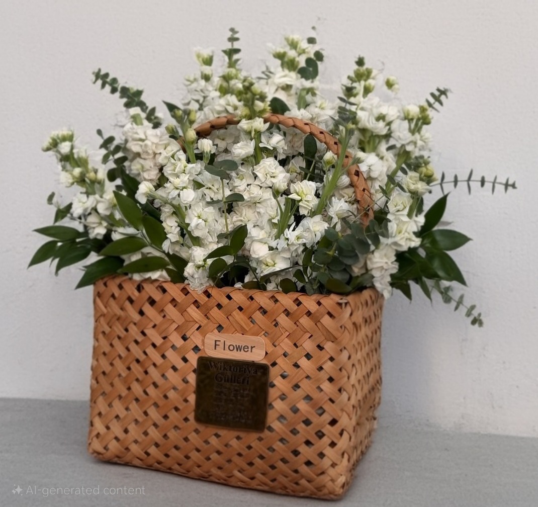 White Flower Arrangement in Woven Basket