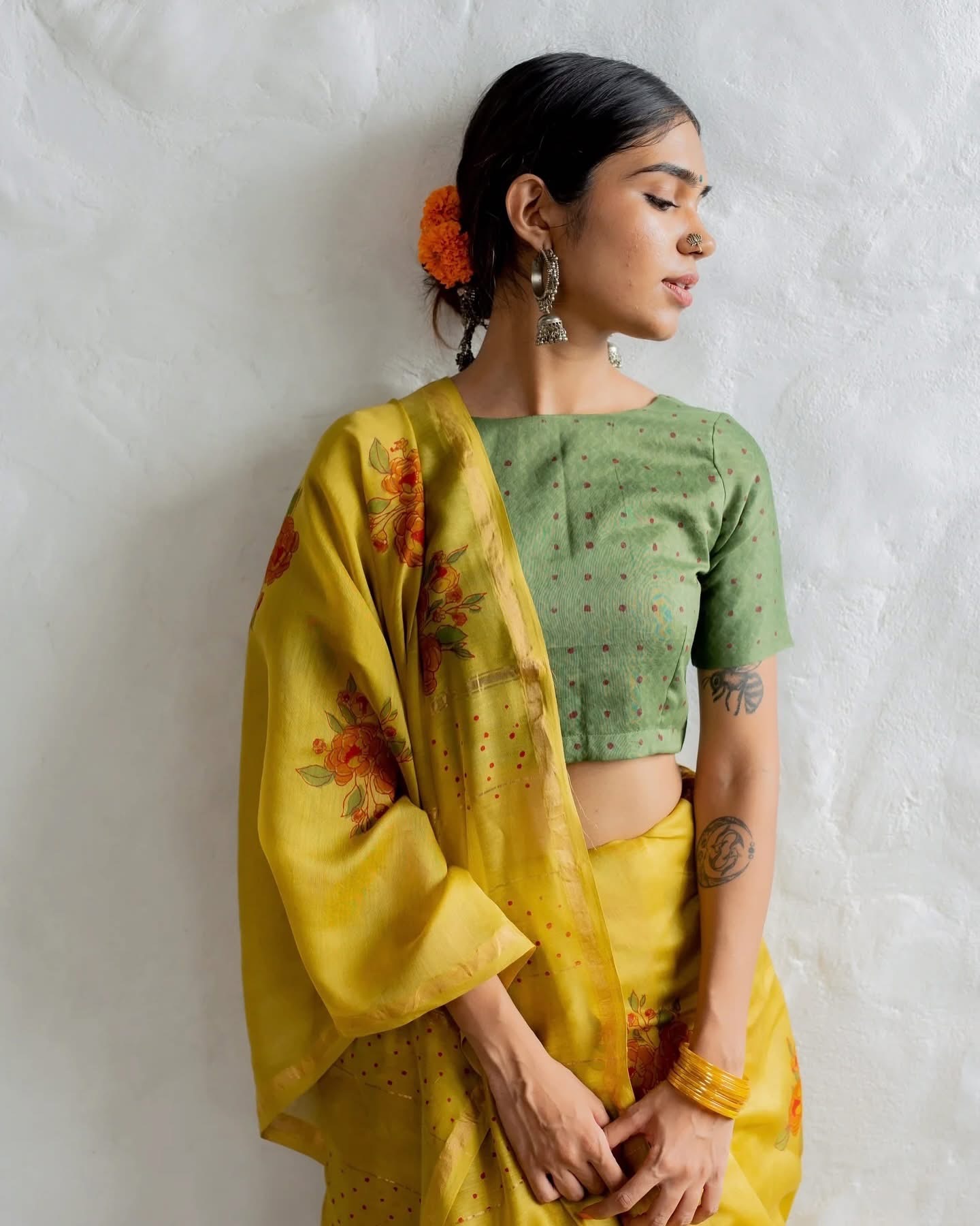 Floral Yellow Saree with Green Blouse