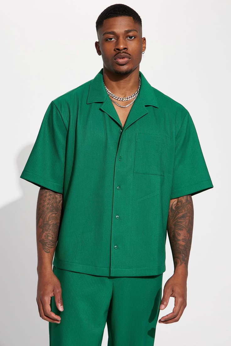 Green Short Sleeve Button-Up Shirt
