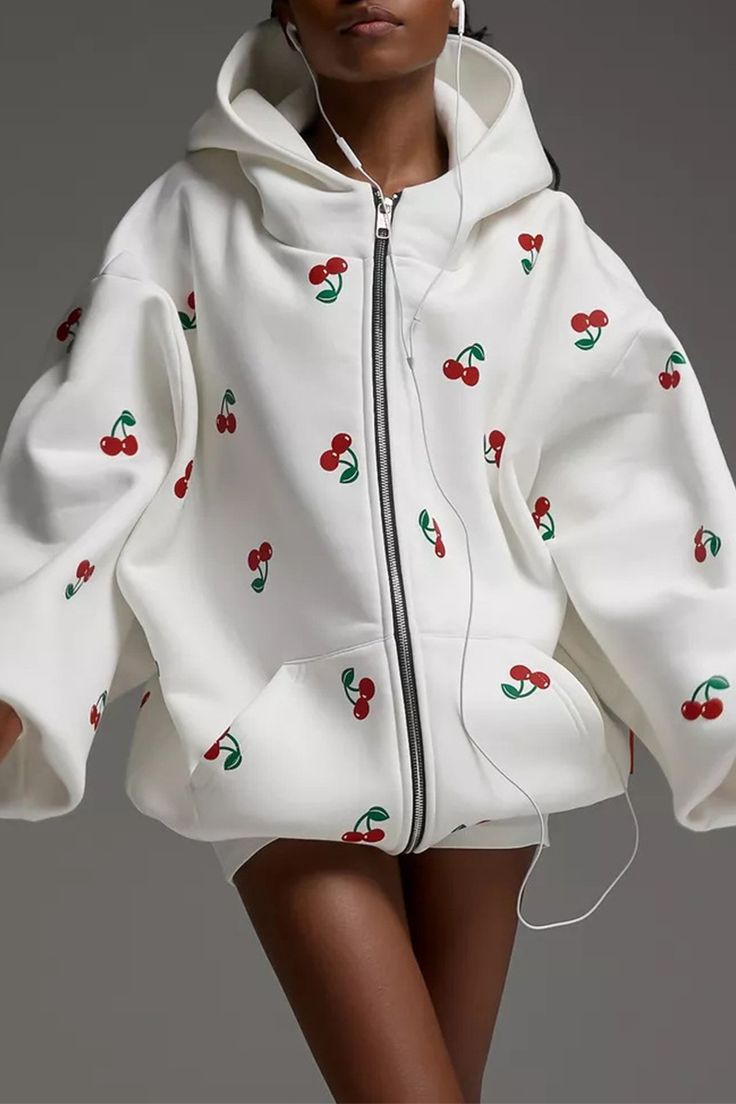 White Cherry Print Hoodie