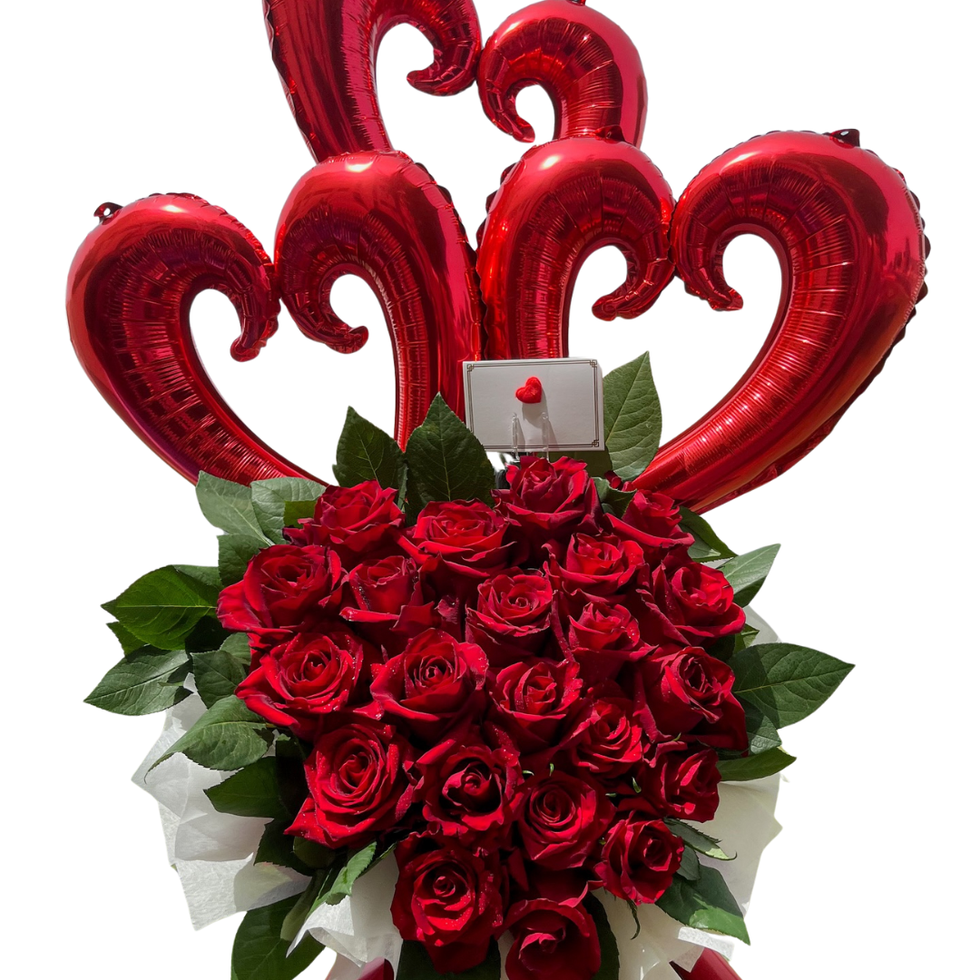 Romantic Rose Bouquet with Heart Balloons