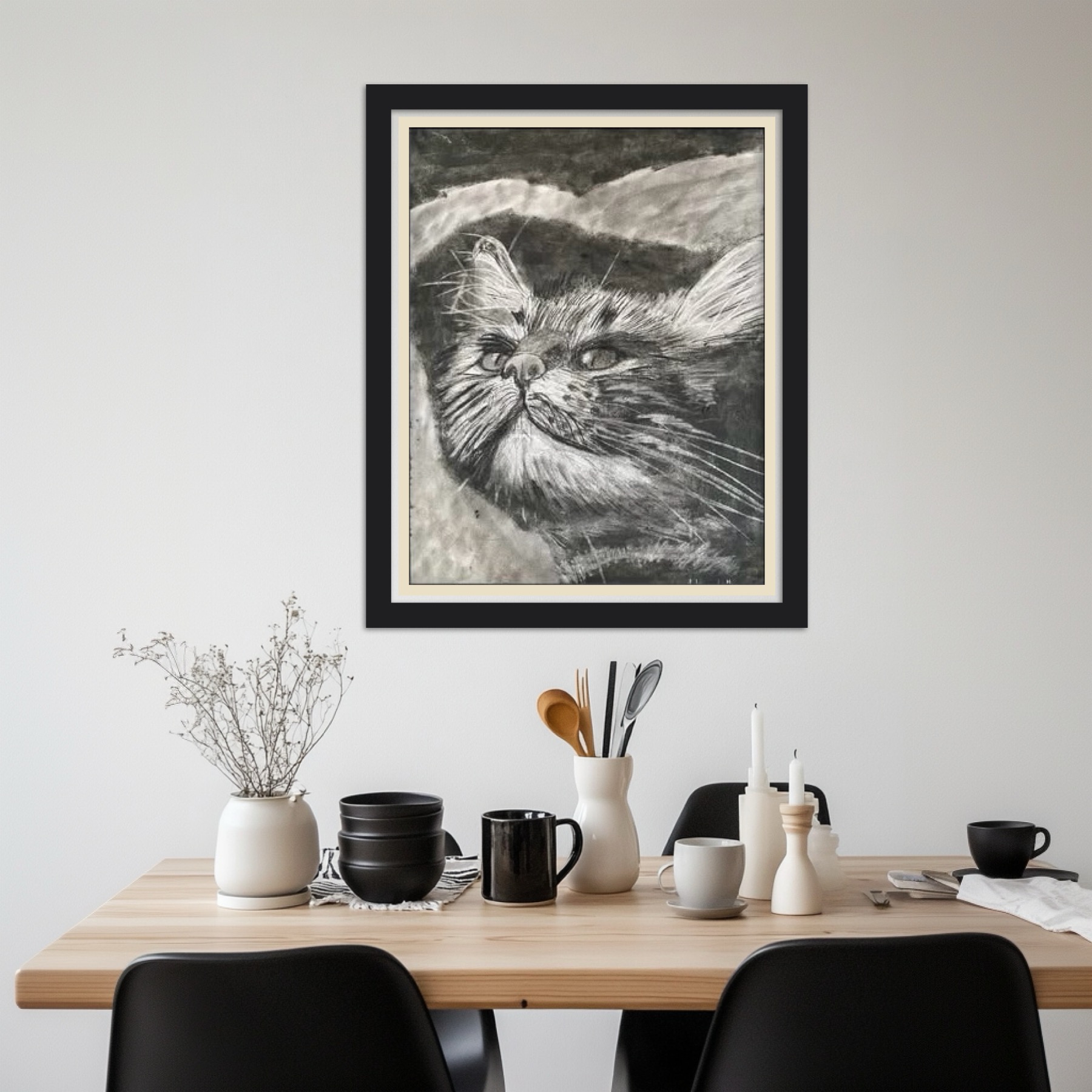 Tableau de chat en noir et blanc