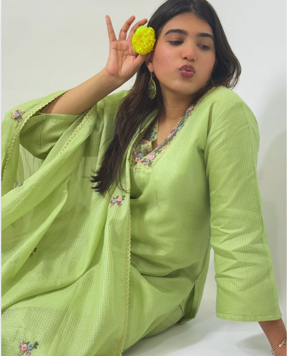  Green kota embroidered kurta set