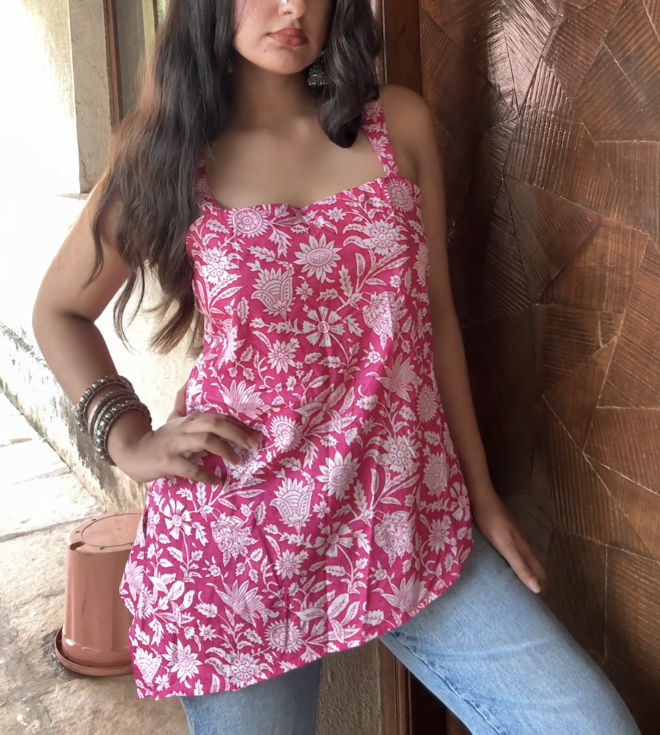 Pink floral asymmetrical top