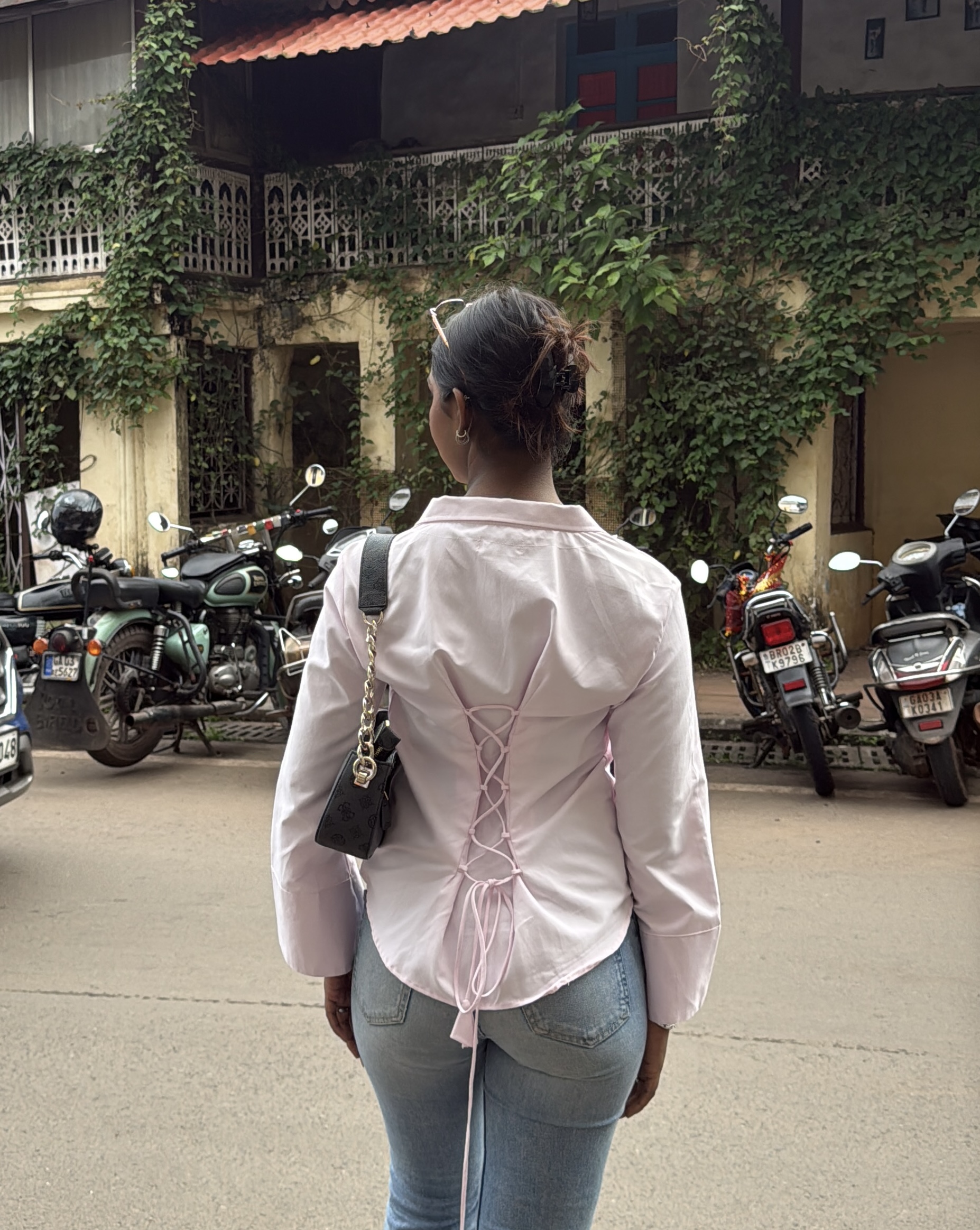 Light pink tie back shirt
