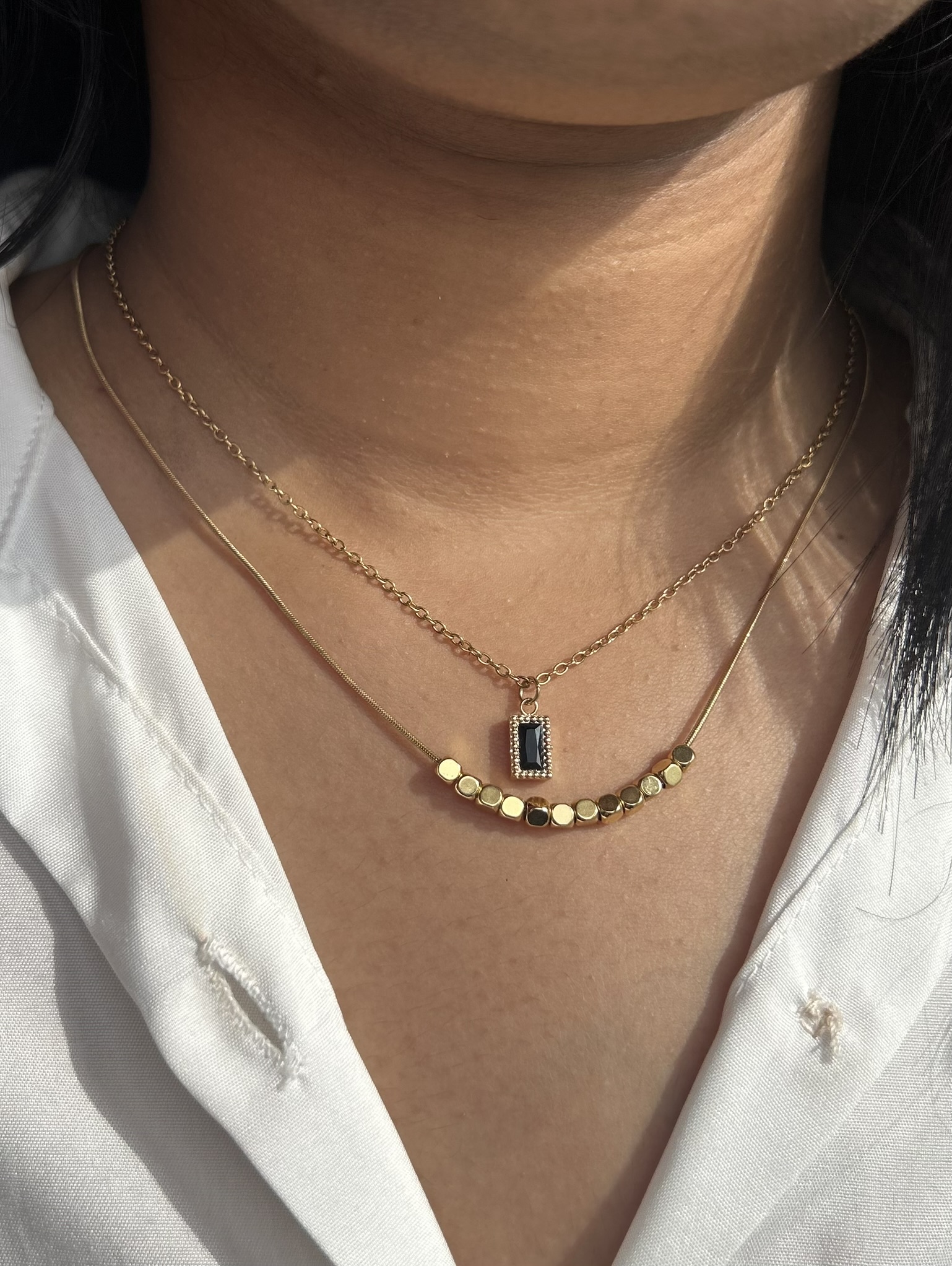 Gold Plated Black Stone Layered Necklace