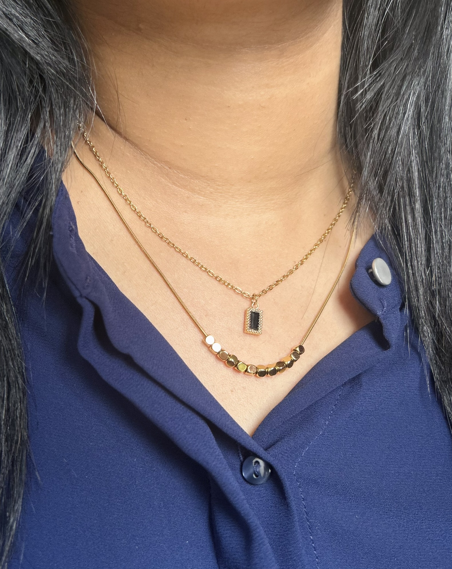 Gold Plated Black Stone Layered Necklace