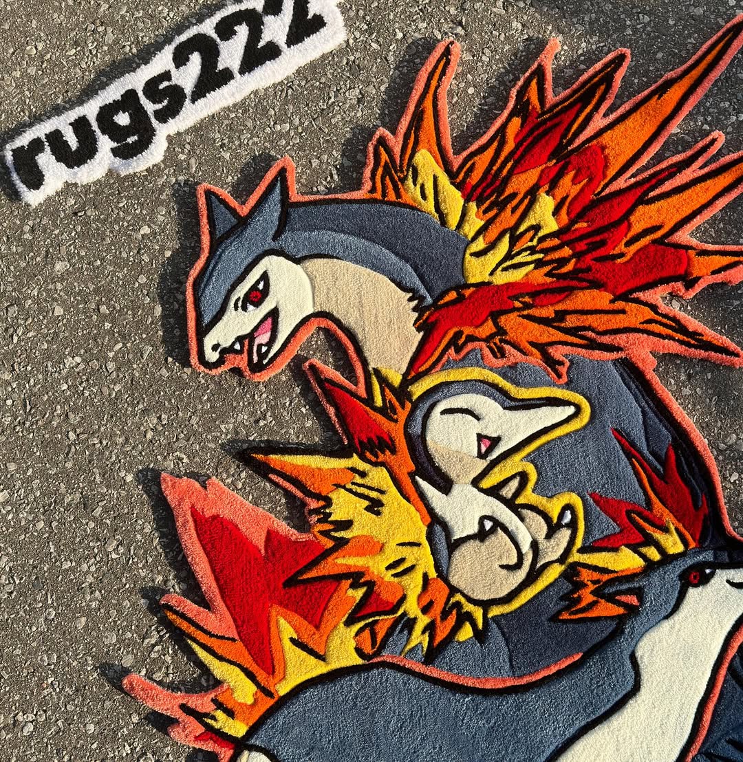 Custom Cyndaquil Evolution Rug – Pokémon Anime Carpet with Quilava & Typhlosion for Gamers & Collectors