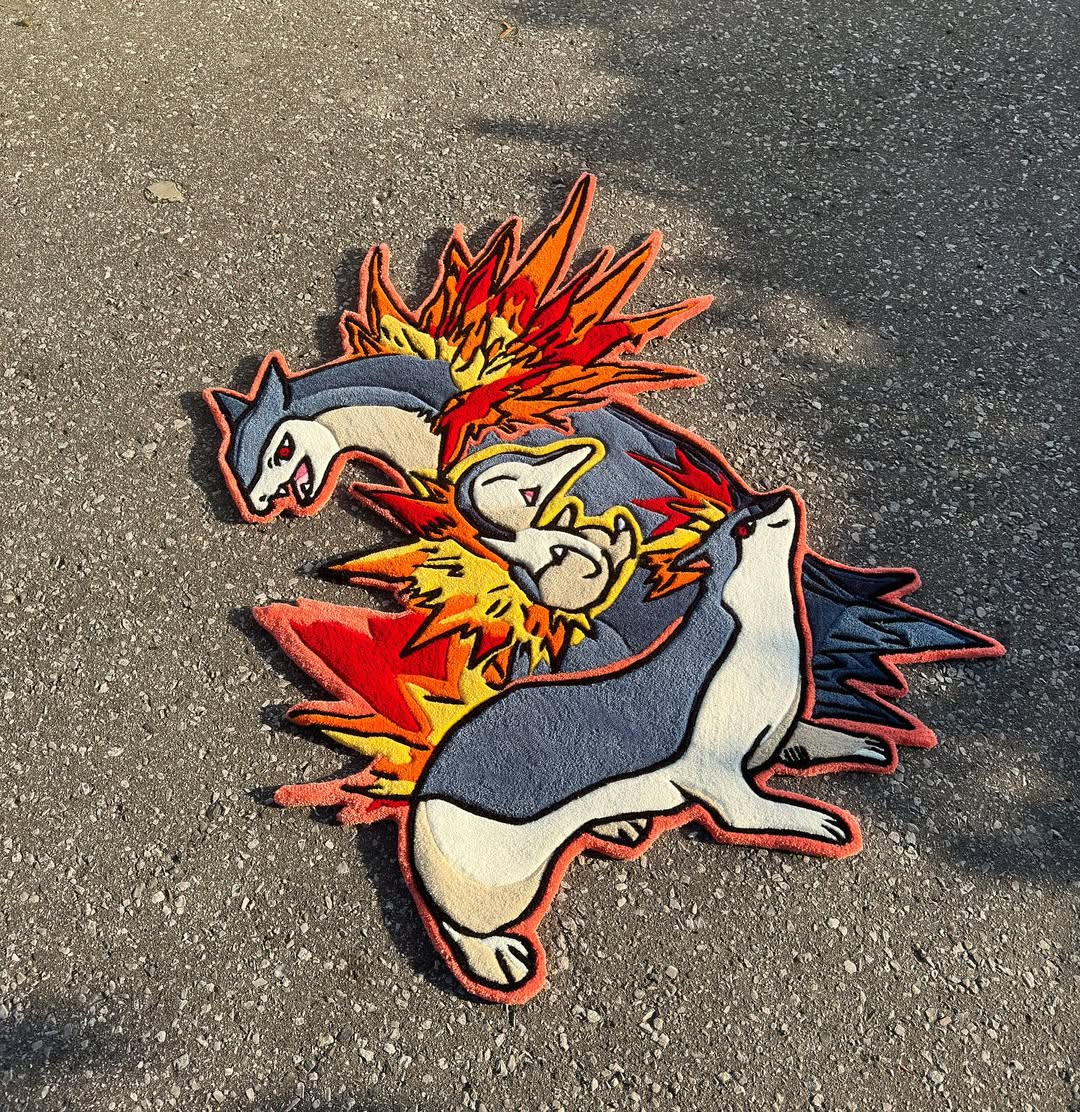 Custom Cyndaquil Evolution Rug – Pokémon Anime Carpet with Quilava & Typhlosion for Gamers & Collectors