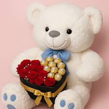 Plush White Teddy Bear with Roses and Chocolates