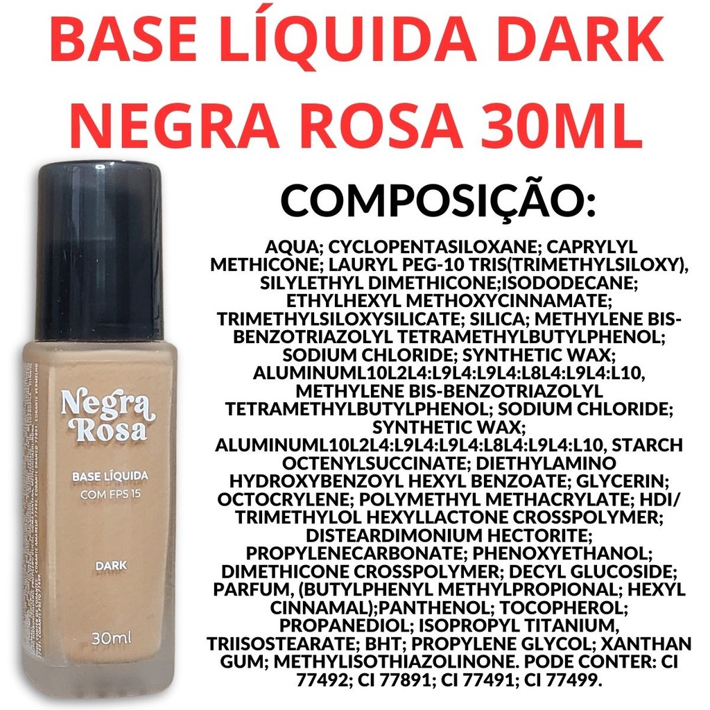 ✨Base Líquida Dark Negra Rosa 30 ml FPS 15 – Para uma Beleza que Realça a Sua Essência! ✨ 
