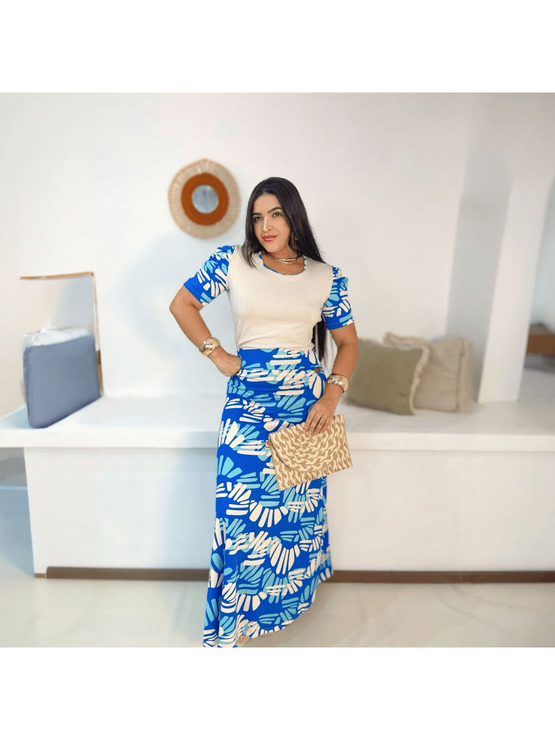Vestido longo estampado azul