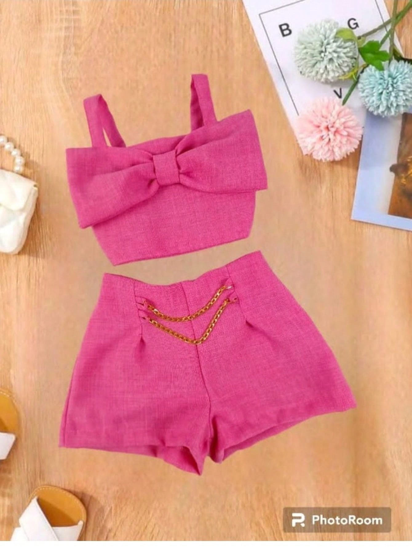 Conjunto feminino rosa com laço
