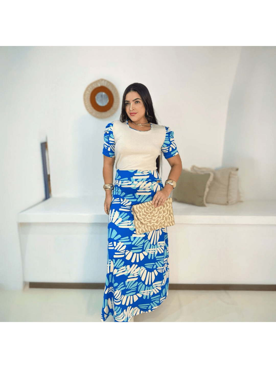 Vestido longo estampado azul