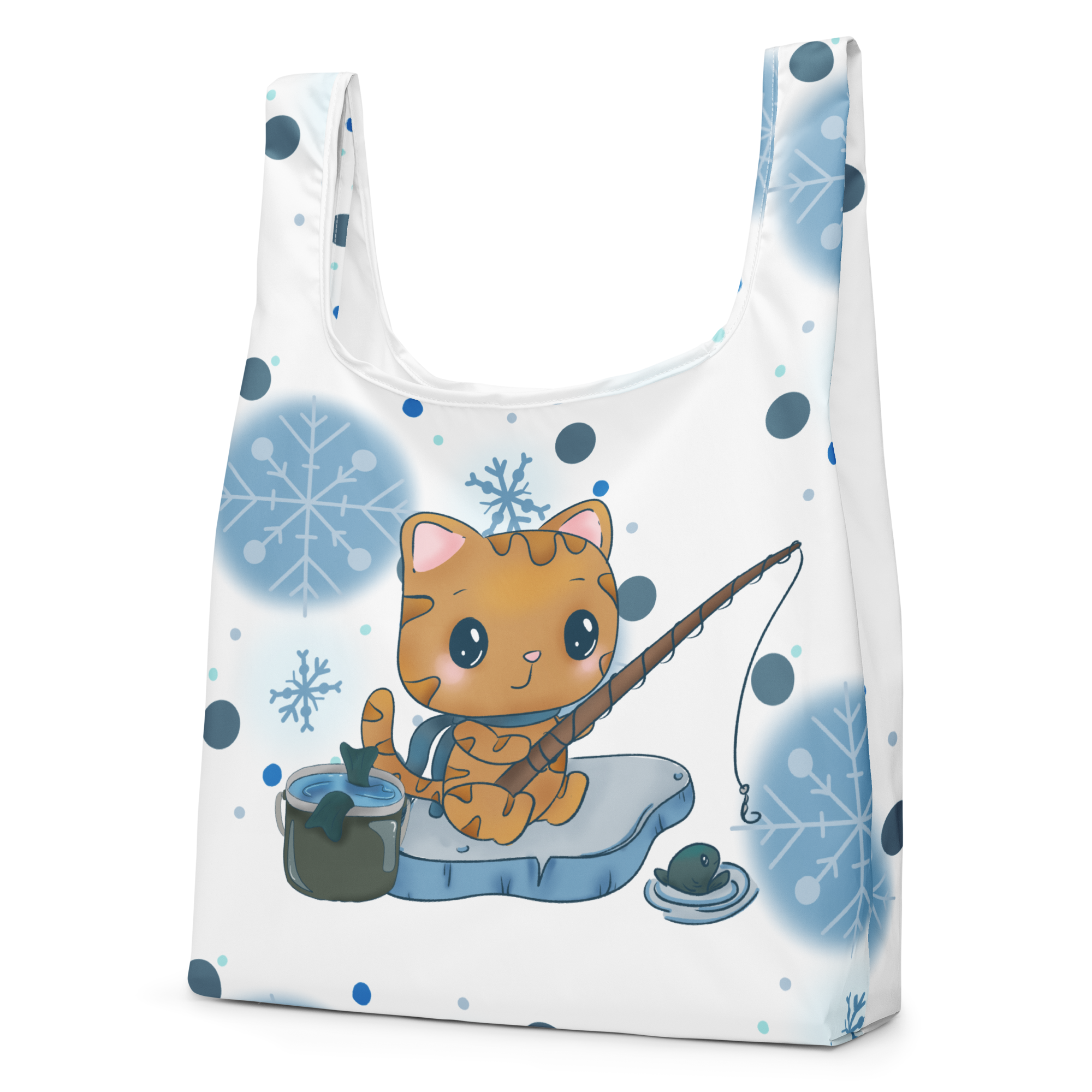 Reusable shopping bag with cute ice fishing cat design