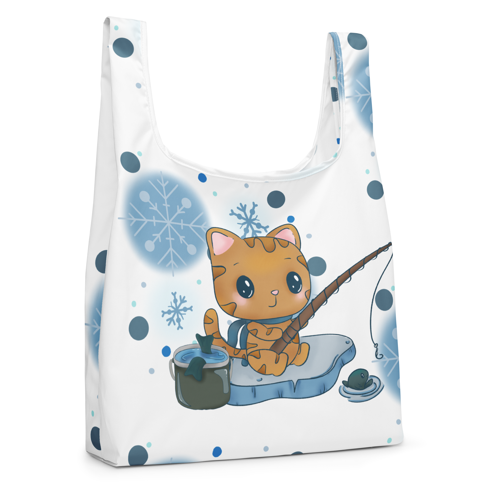 Reusable shopping bag with cute ice fishing cat design