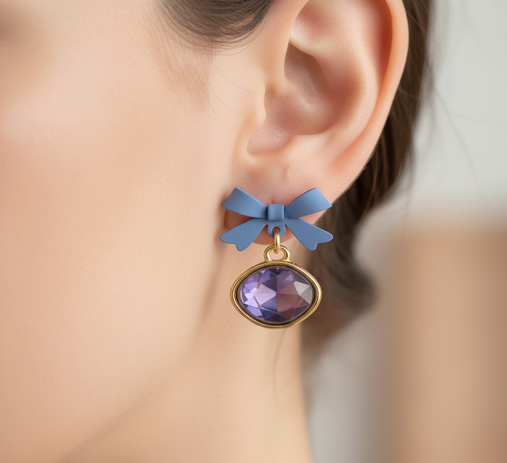 Purple Gemstone Bow Earrings (NX)