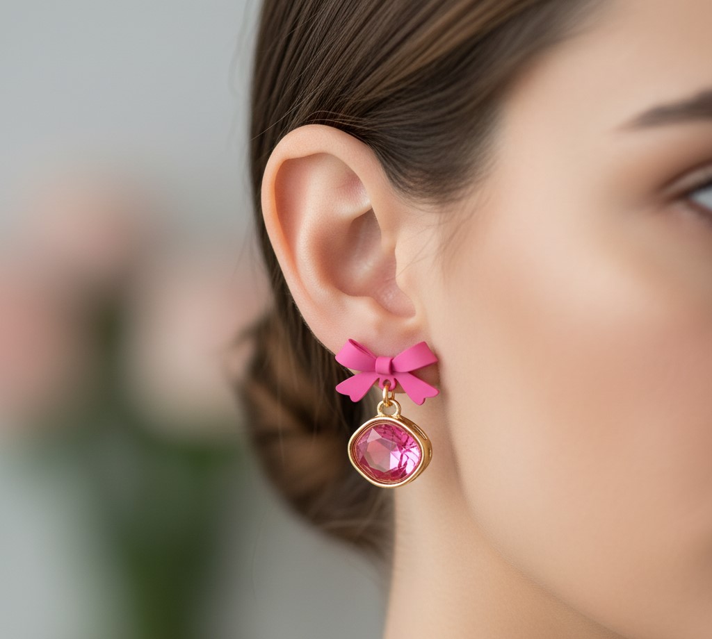 Pink Bow Gemstone Earrings (NX)