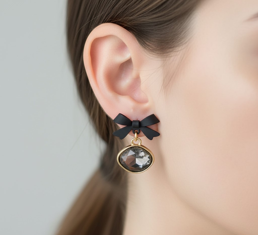 Black Ribbon Gemstone Earrings (NX)