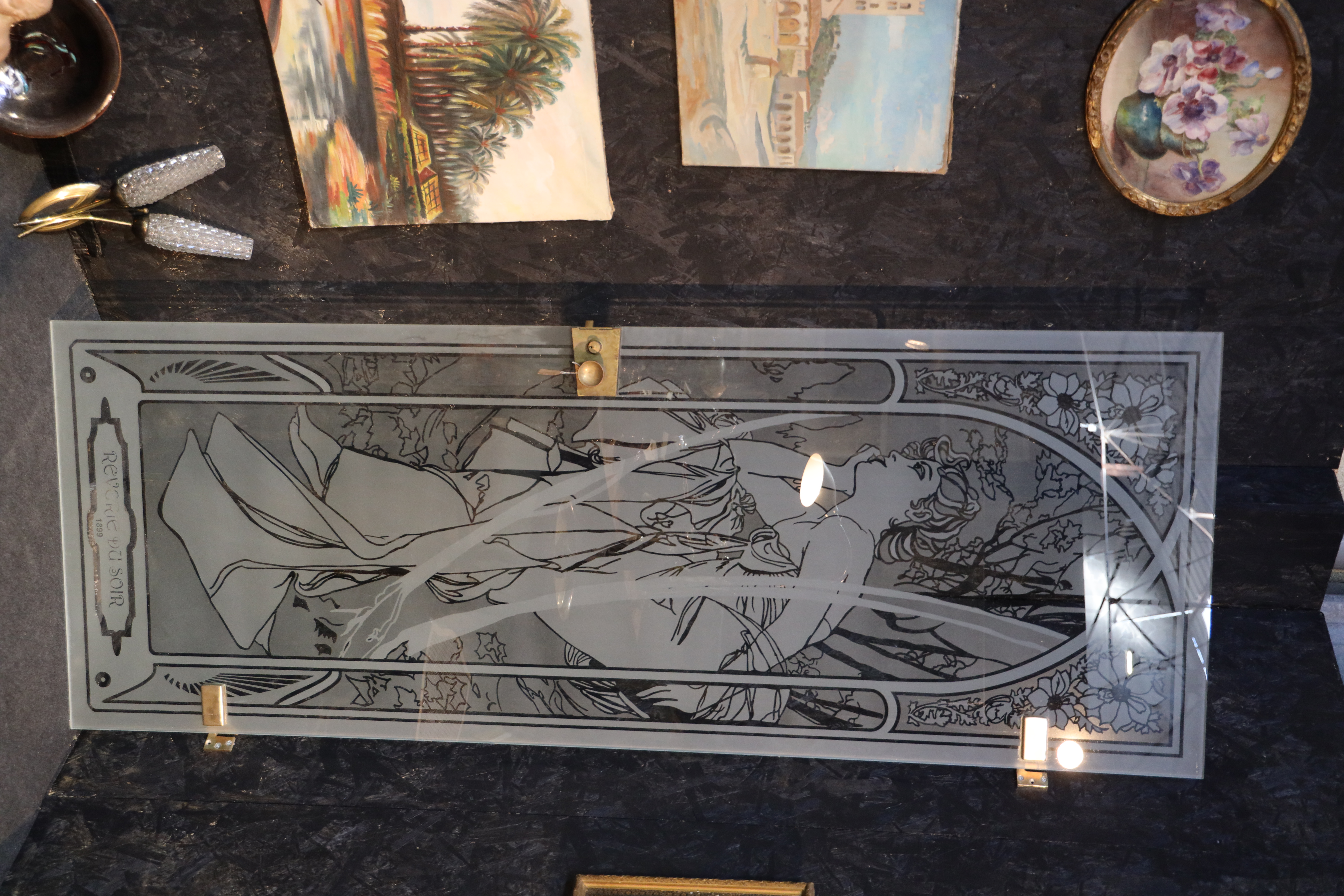 PORTE VITRÉE GRAVÉE STYLE ALPHONSE MUCHA – “RÊVERIE DU SOIR”