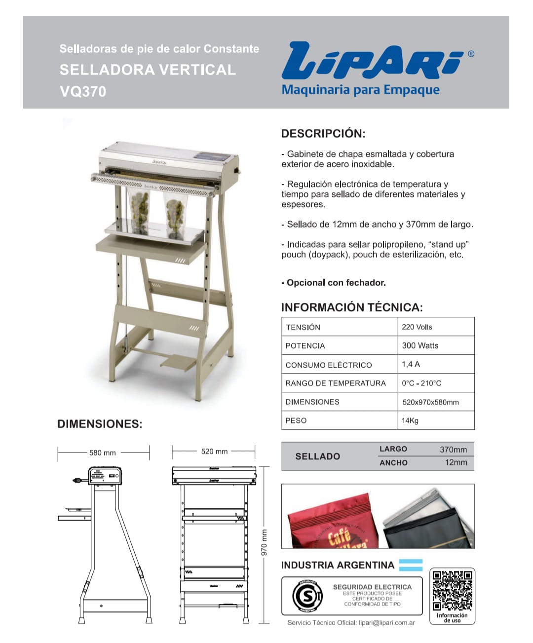 Selladora horizontal de calor constante VQ370