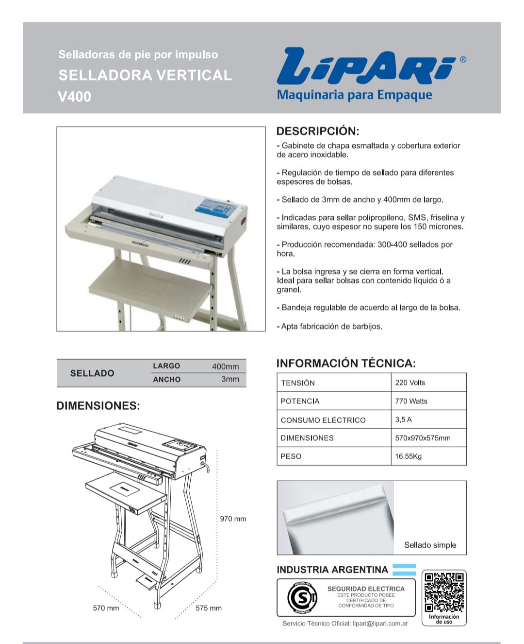Selladora horizontal de calor constante V400