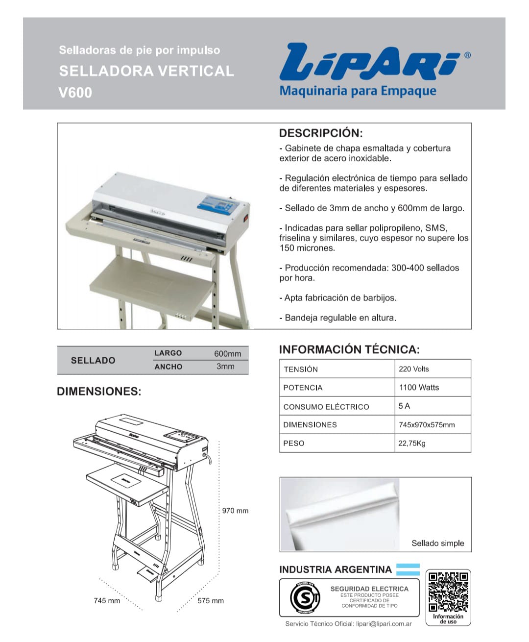 Selladora horizontal de calor constante V600
