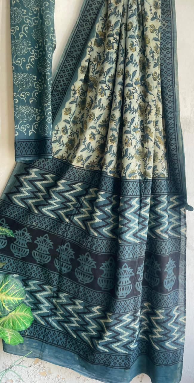 Ajrakh Hand Block Printed Cotton Saree – Design 14