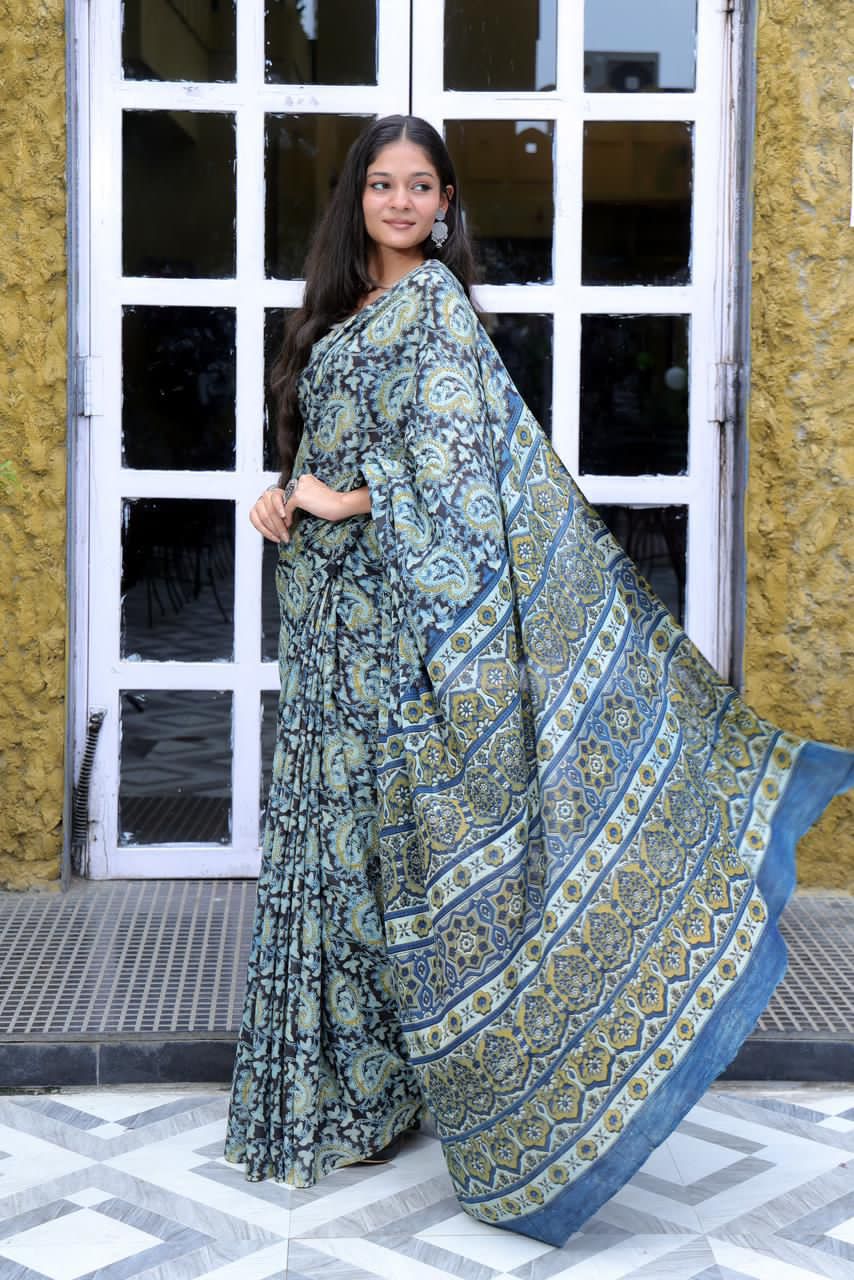 Ajrakh Hand Block Printed Cotton Saree – Design 06