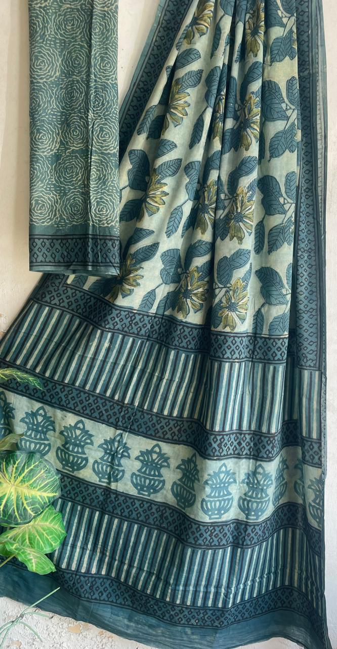 Ajrakh Hand Block Printed Cotton Saree – Design 02