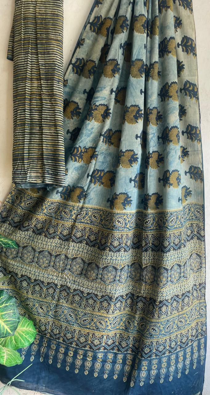 Ajrakh Hand Block Printed Cotton Saree – Design 01