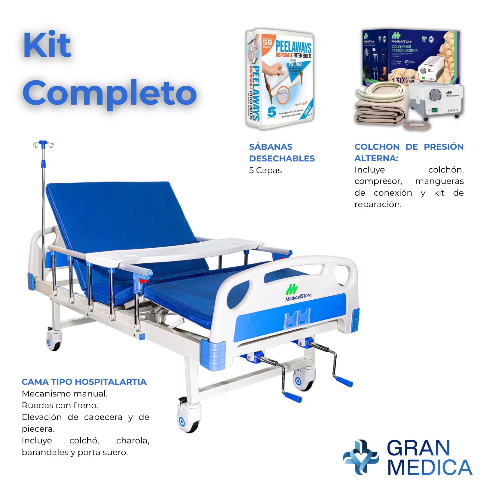 Kit Hospitalario Completo - Cama, Colchón Antiescaras y Sábanas Desechables