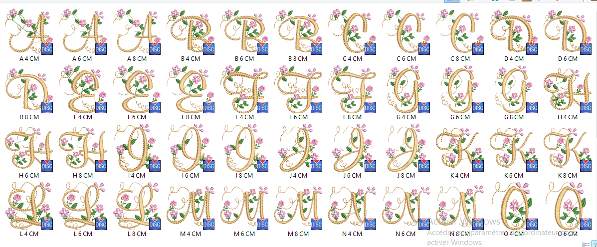 Broderie numerique Alphabet floral Format PES