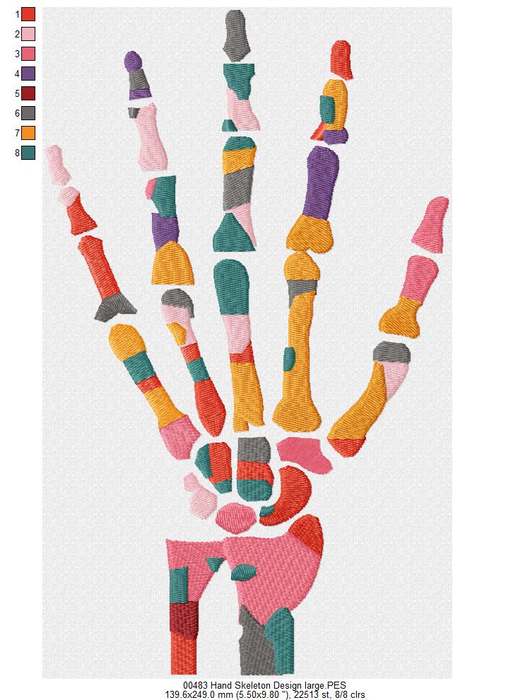 Broderie numérique Main squelettique colorée Formats PES,JEF,DST,EXP,XXX,HUS,VP3,VIP