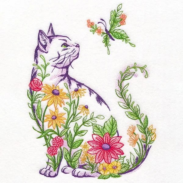 Broderie Numerique Chat fleuri Format PES,DST,,HUS,SEW,ART,VP3,VIP