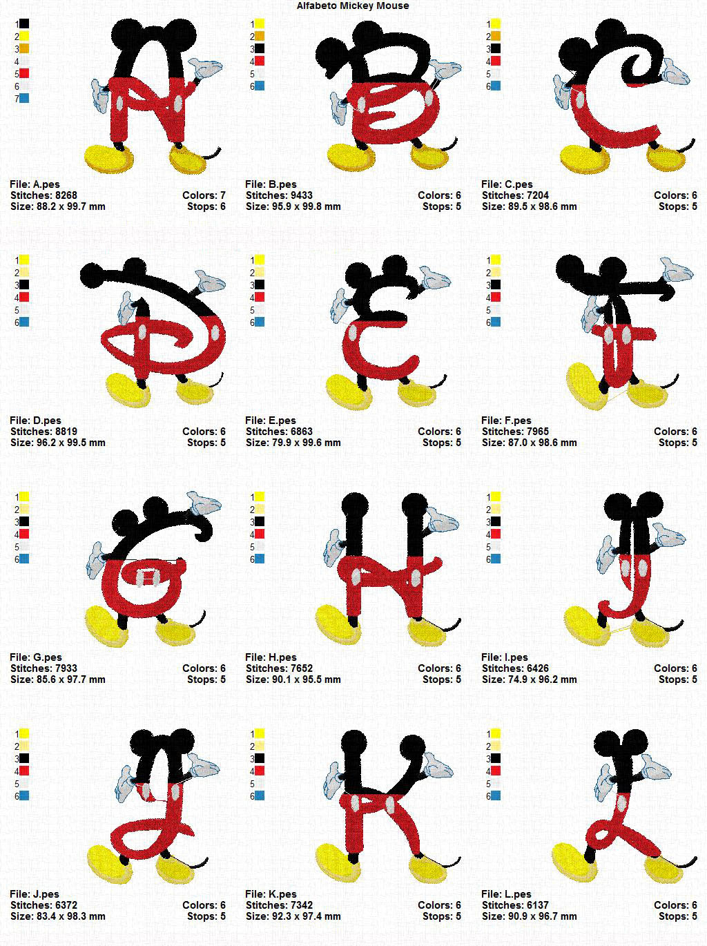 Broderie numerique -Alphabet mickey mouse Format PES