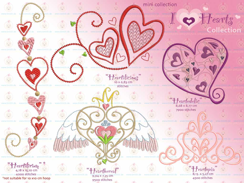 Pack mini broderies numerique coeurs format PES,JEF