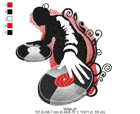 Broderie numérique DJ aux Platines Formats PES,DST,JEF,HUS,exp