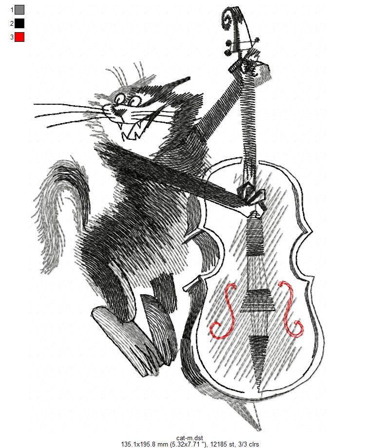 Broderie numérique Chat musicien Format PES,DST,JEF,HUS,EXP,XXX,VIP,VP3