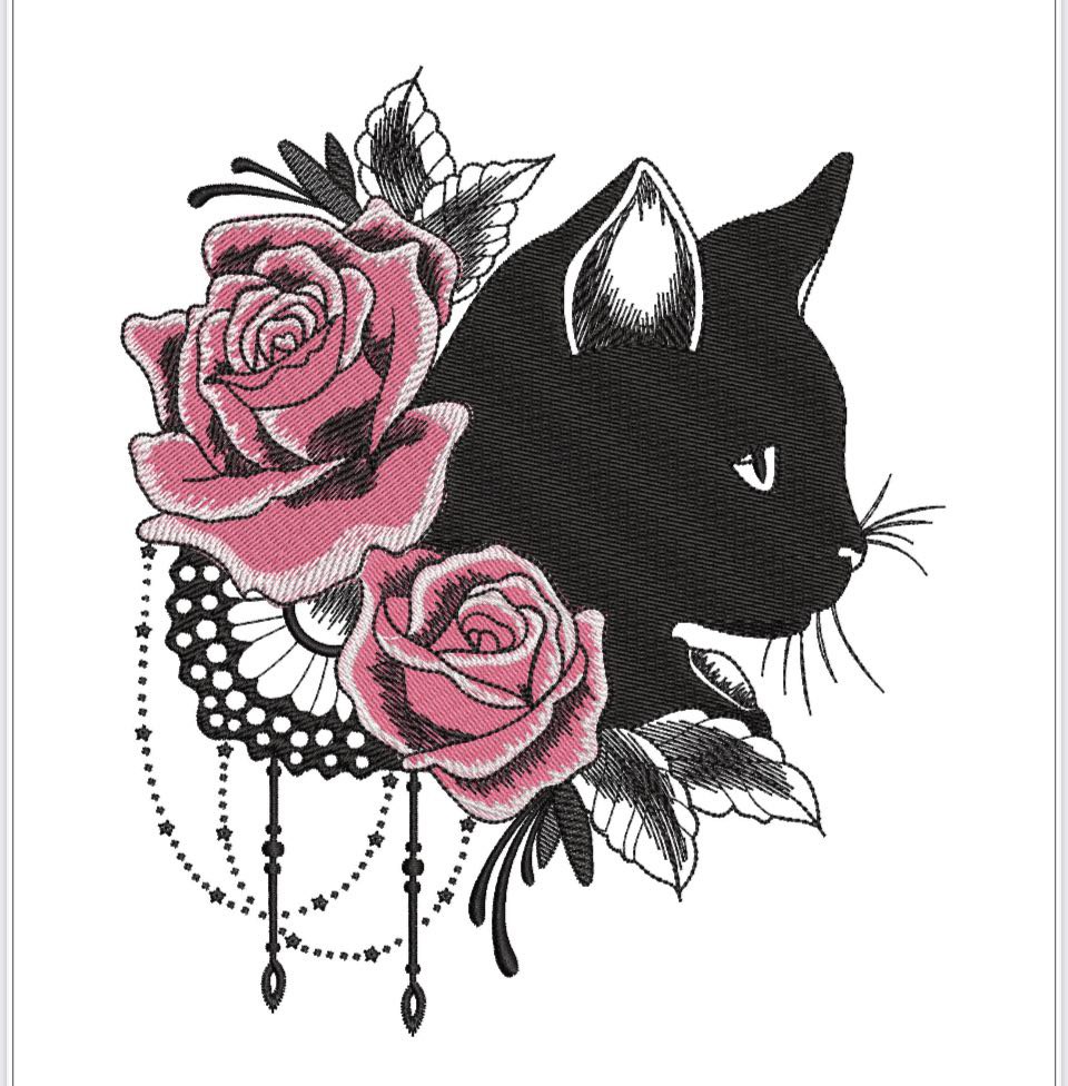Broderie numérique chat noir fleuri Formats PES,JEF,HUS,DST,XXX,EXP,VIP,VP3